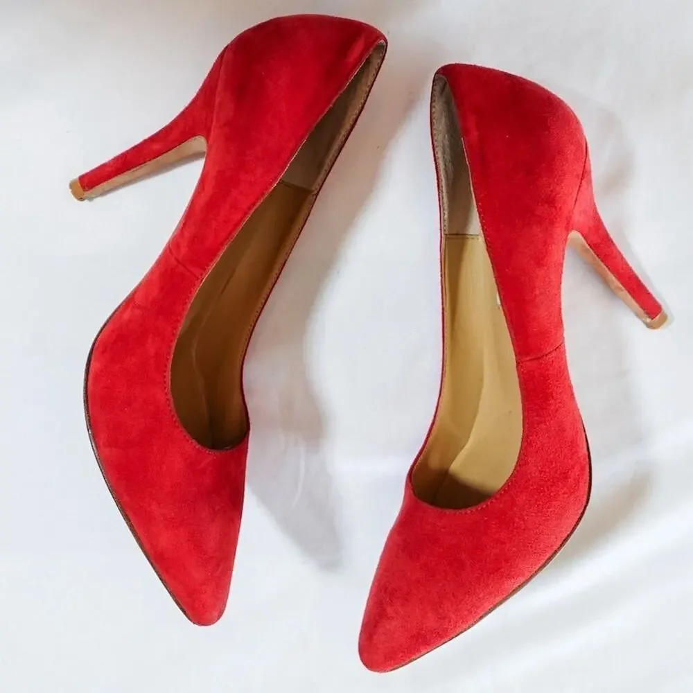 Anthropologie Vanessa Tao Pointed Toe Pumps Size 38 7.5 Red Suede Leather Heels‎